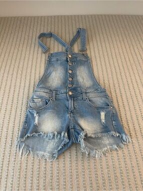 Almost Famous Light Blue Distressed Denim Overall Shorts - Size: S/M